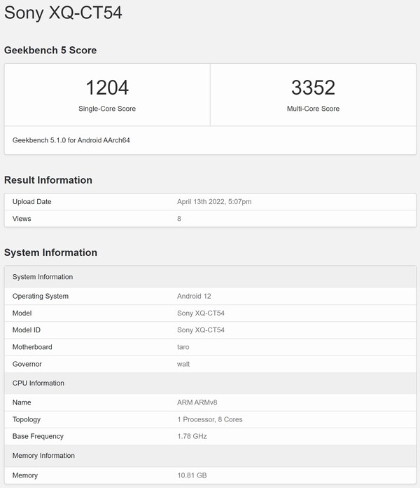 Posible ejecución del Sony Xperia 1 IV. (Fuente de la imagen: Geekbench)