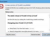 Notificación de actualización del navegador Vivaldi 3.6 (Fuente: propia)
