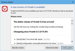 Notificación de actualización del navegador Vivaldi 3.6 (Fuente: propia)