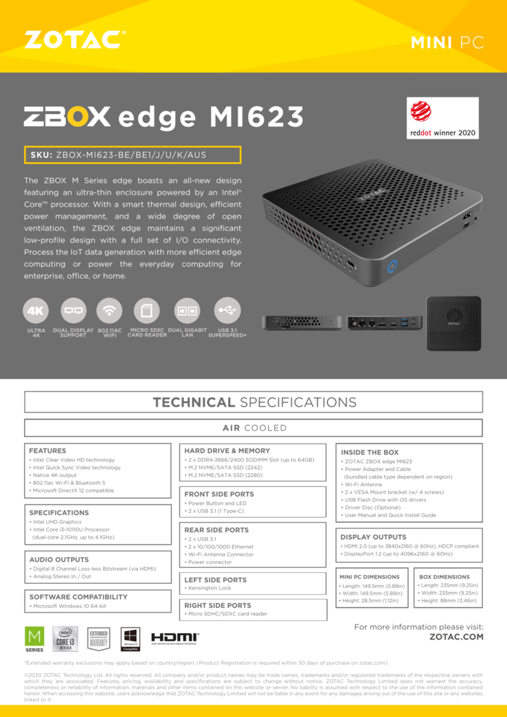 Especificaciones de ZBox MI623/643 (Fuente: Zotac)