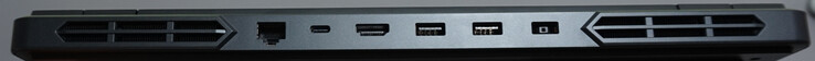 Puertos en la parte trasera: Puerto LAN (1 Gbit/s, USB-C (10 Gbit/s, DP, carga de 140 W), HDMI 2.1, 2x USB-A (5 Gbit/s), puerto de alimentación
