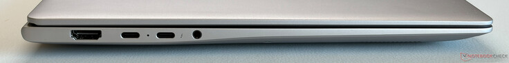 Lado izquierdo: HDMI 2.1 TMDS, USB-C 3.2 Gen. 2 (10 Gbps, DisplayPort, Power Delivery), USB-C 4.0 con Thunderbolt 4 (40 Gbps, DisplayPort, Power Delivery), 3,5 mm estéreo