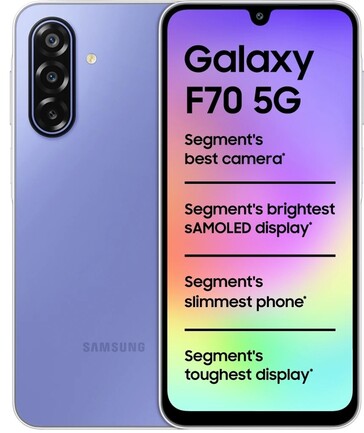 Samsung Galaxy F70 5G en color morado, mostrado de frente y por detrás