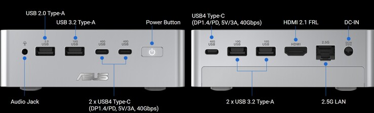 Puertos del mini PC Asus Ascent QN10 - frontal y trasero.