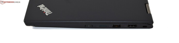 Lado derecho: ThinkPad Pen, lector de tarjetas microSD, 1x USB 3.1 Gen 1 Tipo-A, HDMI, cerradura Kensington