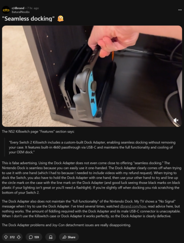 Killswitch Switch 2 case dock issue (Fuente de la imagen: captura de pantalla, subreddit de Switch 2)