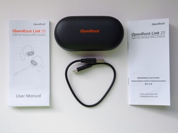 Contenido - Auriculares OpenRock Link 20 en estuche de carga, cable de carga USB-C y documentación. (Fuente de la imagen: Notebookcheck)