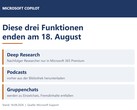 Imagen en la que se enumeran las tres funciones de Copilot: «Deep Research», «Podcasts» y «chats grupales», que finalizarán el 18 de agosto de 2026