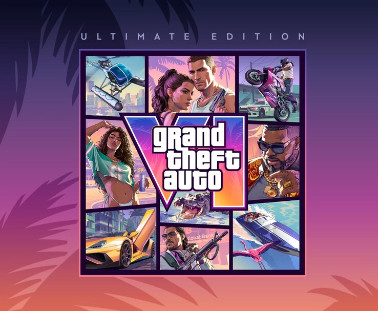 Ilustración de Grand Theft Auto VI Ultimate Edition con personajes de GTA 6, vehículos y el logotipo del juego.