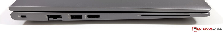 Izquierda: ranura de seguridad Kensington Nano, Ethernet, USB-A 3.2 Gen.1 (5 Gbps, con alimentación), HDMI 2.0b, lector de SmartCard