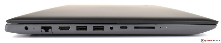 izquierda: fuente de alimentación, Gigabit-Ethernet, HDMI, 2x USB 3.1 Gen 1 (Tipo-A), toma de audio combinada, USB 3.1 Gen 1 (Tipo-C), lector de tarjetas de memoria (SD), tecla Novo, LED de estado