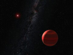Ilustración artística en la que se muestran un exoplaneta y una enana roja.