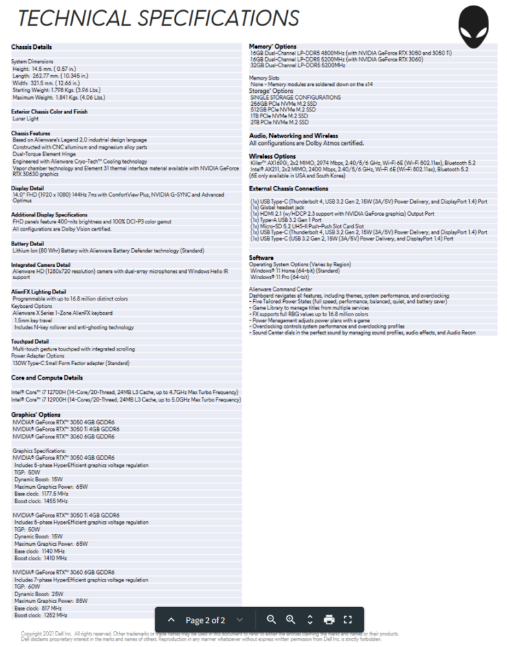 Especificaciones del Alienware x14 (imagen vía Dell)