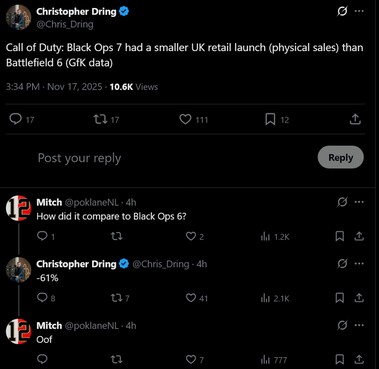 Ventas de Call of Duty: Black Ops 7 en el Reino Unido (Fuente de la imagen: captura de pantalla, cuenta X de Christopher Dring)