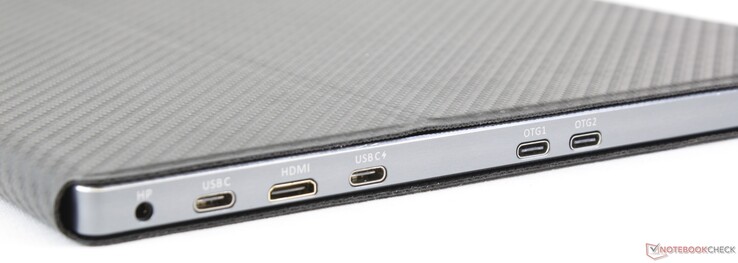 Derecha: auriculares de 3,5 mm, USB Tipo C, mini-HDMI, USB Type-C Power Delivery, 2x USB Type-C OTG