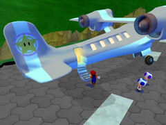 En «Super Mario Eclipse», Mario sube al avión de vacaciones de la princesa Peach.
