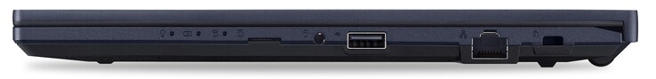 Lado derecho: lector de tarjetas microSD, toma de audio combinada, 1 USB-A 2.0, GigabitLAN, cierre Kensington