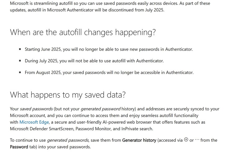 Captura de pantalla de los cambios en el almacenamiento de contraseñas de Microsoft Authenticator. (Fuente de la imagen: Microsoft)