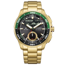 Imagen frontal del Citizen Promaster Wave Tracker JV3002-51E en tono dorado con detalles verdes en el bisel y brazalete de acero inoxidable.