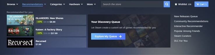La nueva área de recomendaciones se basa en factores como el tiempo de juego, las compras anteriores y las recomendaciones de amigos. (Fuente de la imagen: Steam)