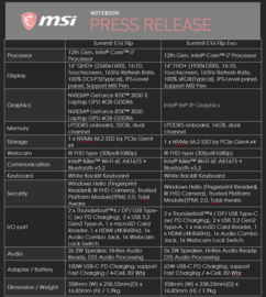 MSI Summit E16 Flip y el Summit E16 Flip Evo - Especificaciones. (Fuente: MSI)