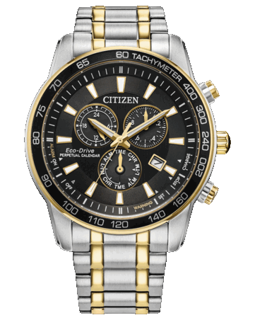 Cronógrafo Citizen Classic Eco-Drive con esfera negra, caja y brazalete de acero inoxidable bicolor de 44 mm, bisel taquimétrico, tres subesferas y ventana de fecha.