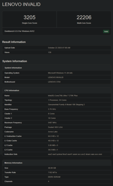 Puntuación de Intel Core Ultra 9 270K Plus en Geekbench (fuente de la imagen: Geekbench)
