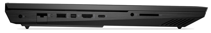 Izquierda: alimentación, Gigabit Ethernet, USB 3.2 Gen 1 (USB-A), Mini DisplayPort, HDMI 2.1, Thunderbolt 4 (USB-C; Power Delivery, DisplayPort), combo de audio, lector de tarjetas de almacenamiento (SD)