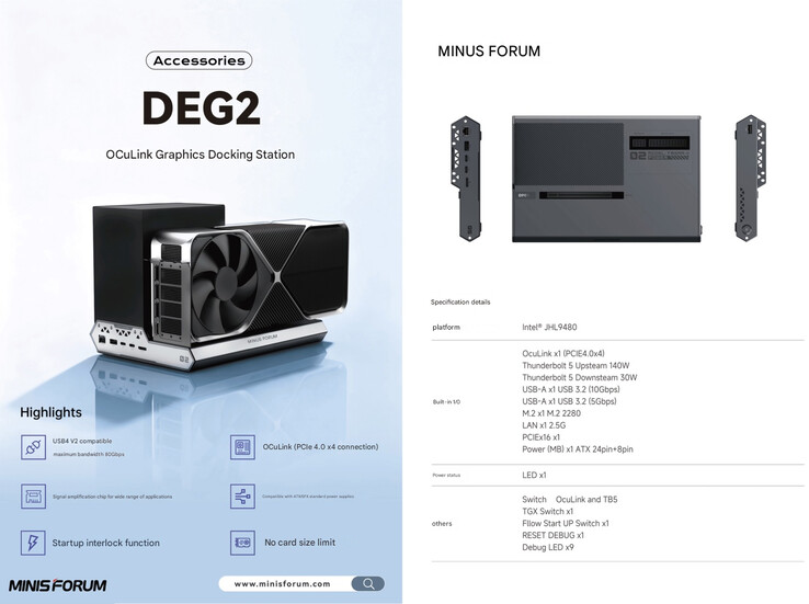 Las especificaciones principales de la base DEG2 eGPU (Fuente de la imagen: Minisforum - machine translated)