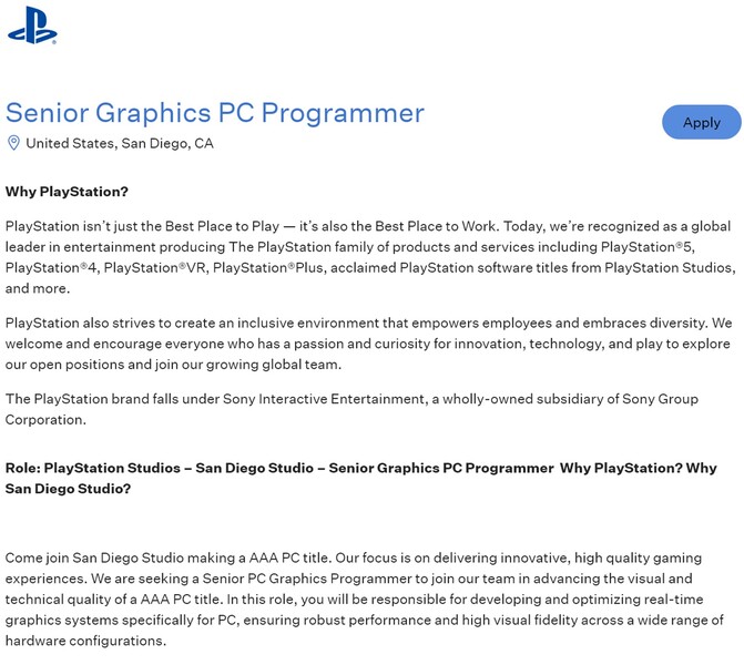 Se muestra el anuncio de trabajo de Sony San Diego Studio (Fuente de la imagen: captura de pantalla, Greenhouse)
