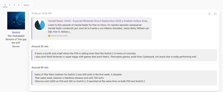 Ventas de consolas Switch 2 y PS5 en España desde Vandal podcast (Fuente de la imagen: captura de pantalla, foros Smitch@ResetEra)