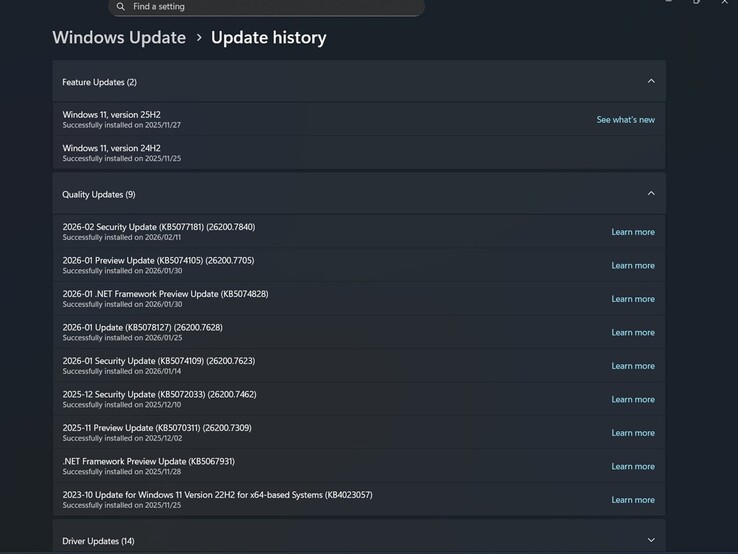 Historial de actualizaciones de Windows en el Lenovo LOQ 16IRH8