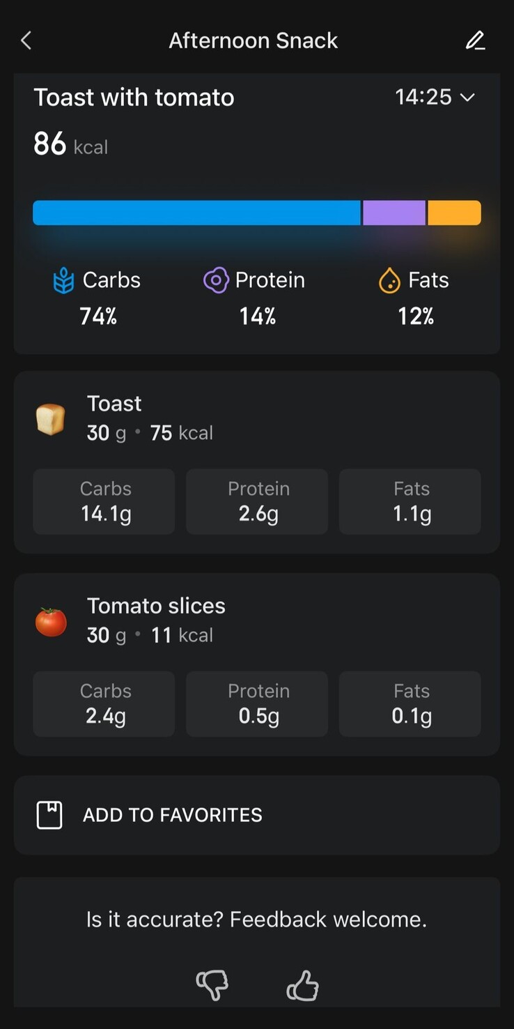 Una captura de pantalla de la función actualizada de registro de alimentos en la aplicación Zepp. (Fuente de la imagen: Zepp App)