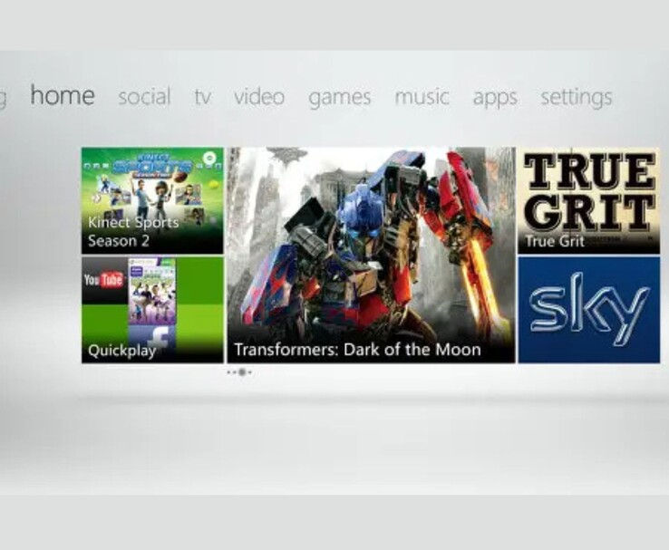 Captura de pantalla de la interfaz de Xbox 360 en la que se aprecia el diseño de Metro UI, con destacados mosaicos publicitarios de Transformers: Dark of the Moon, True Grit y Sky. Otros mosaicos destacan Kinect Sports Season 2 y las aplicaciones Quickplay de YouTube/Facebook. (Fuente de la imagen: Microsoft, captura de pantalla de la interfaz de usuario de Xbox 360 a través de medios promocionales)