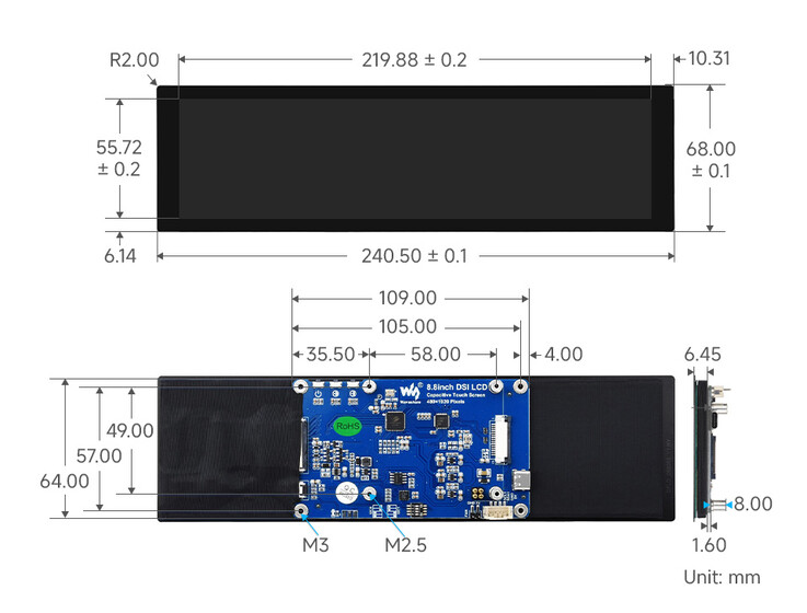Dibujos dimensionales que muestran los perfiles frontal, trasero y lateral del panel de 480 x 1920