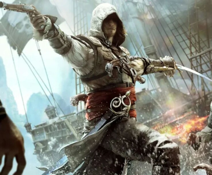 Edward Kenway en Assassin's Creed IV: Black Flag blandiendo una espada y una pistola durante un combate naval (Fuente de la imagen: Ubisoft)