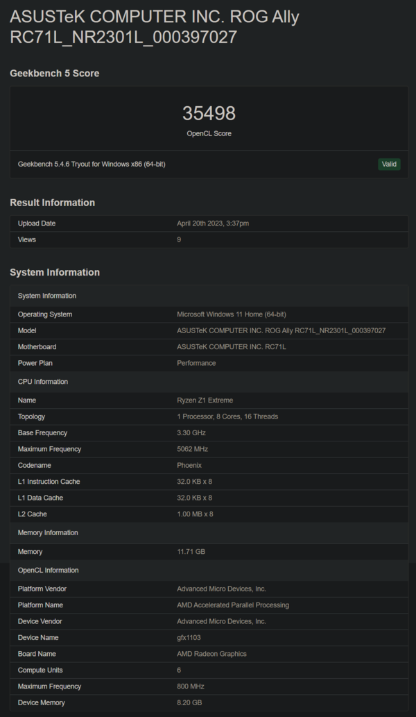 Asus ROG Ally en Geekbench (imagen vía Geekbench)