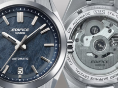 En la imagen, el Casio EFK-100D-2A con esfera azul texturizada y fondo transparente para ver el movimiento mecánico. (Fuente de la imagen: Casio)