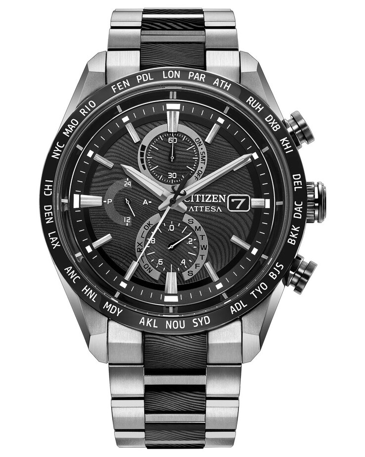 En la esfera destacan los marcadores aplicados, los subdiales triples y las marcas de los husos horarios mundiales alrededor del bisel.