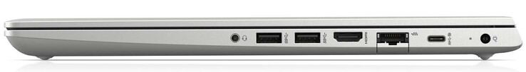 Lado derecho: toma de 3,5 mm, 2x USB 3.1 Gen1 Tipo A, HDMI, Gigabit LAN, 1x USB 3.1 Gen1 Tipo C, LED de alimentación, conector de alimentación patentado