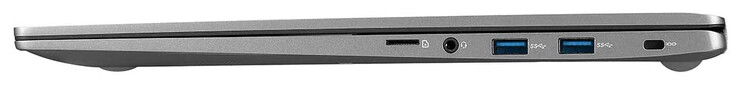 Lado derecho: lector de tarjetas de almacenamiento (microSD), puerto combinado de audio, 2x USB 3.2 Gen 1 (Tipo A), ranura para un bloqueo de cable