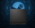 Valve Steam Machine vista delante del logotipo de Steam