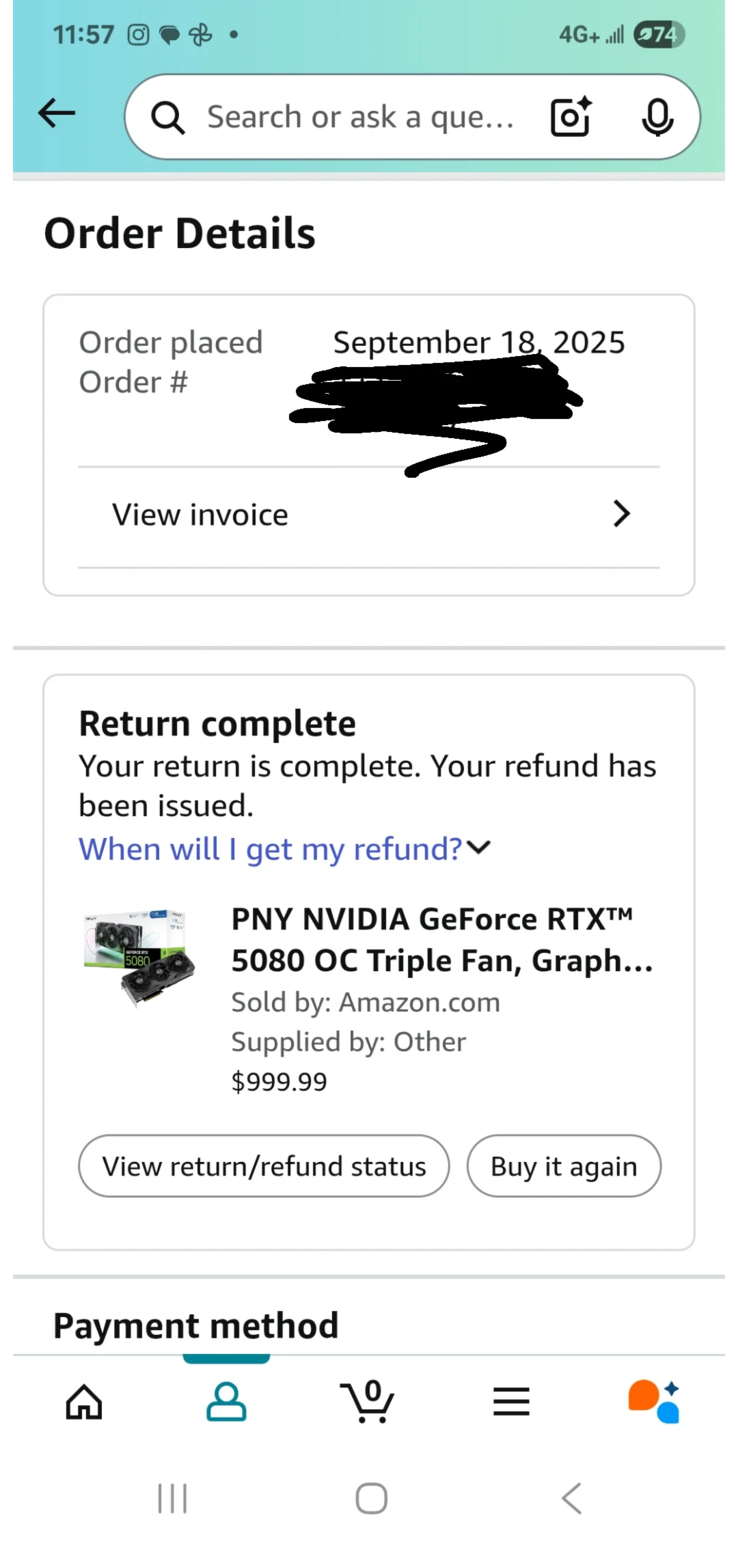 Una captura de pantalla de la ahora exitosa devolución de Amazon (fuente de la imagen: r/pcmasterrace)