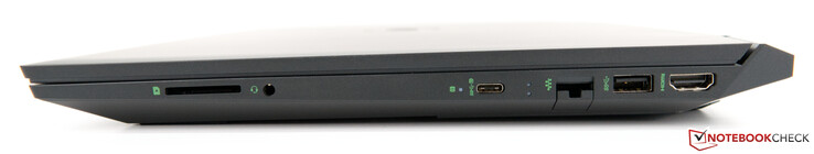 Lado derecho: Lector de tarjetas SD, conector combinado de 3,5 mm para auriculares/micrófono, un puerto USB tipo C (5 Gbit/s; DisplayPort 1.4 sobre USB), puerto Gigabit RJ-45, un puerto USB 3.1 Gen. 1, salida HDMI 2.0