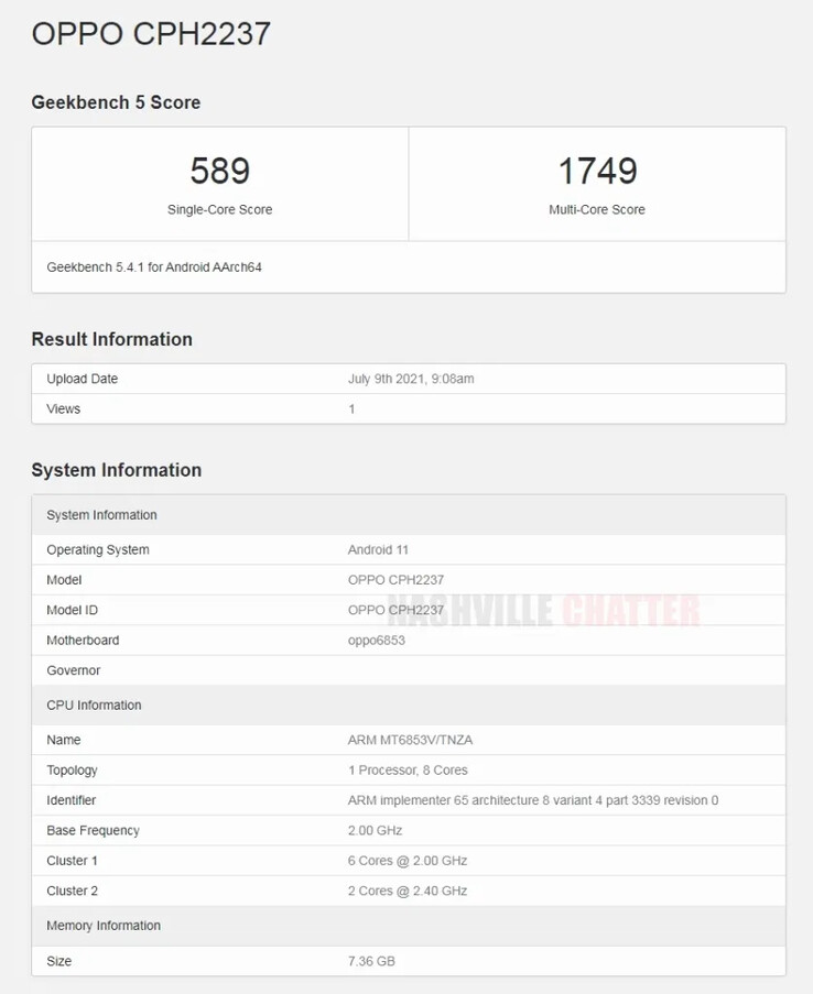 El "OPPO CPH237" en Geekbench 5. (Fuente: Geekbench vía NashvilleChatter)