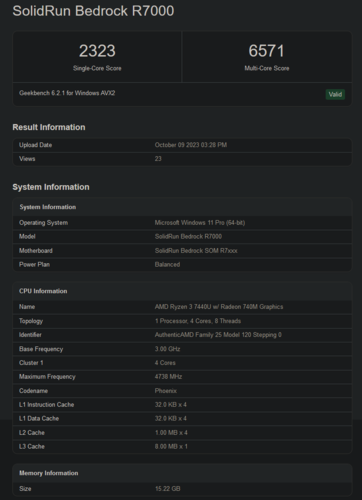 Puntuación de AMD Ryzen 3 7440U en Geekbench (imagen vía Geekbench)