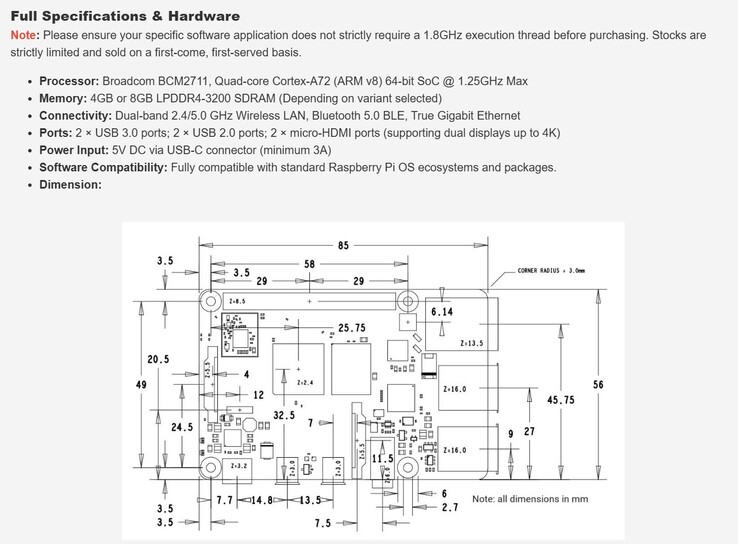 Especificaciones del Pi 4 Modelo B descartado