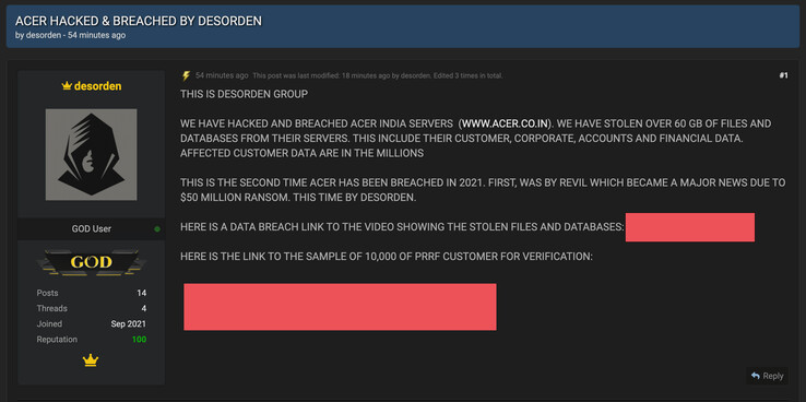 El grupo Desorden se atribuye la responsabilidad de hackear los servidores de Acer India. (Fuente de la imagen: Privacy Affairs)