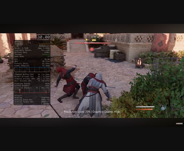 Juego de Assassin's Creed Mirage ejecutándose en un iPhone 17 Pro Max con chip A19 Pro, mostrando un límite de 30 FPS, preajuste de gráficos alto y escalado temporal MetalFX. (MrMacRight vía YouTube)