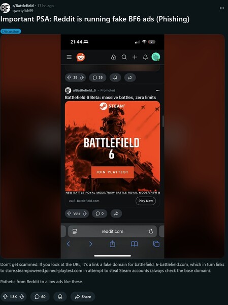 Se muestra la estafa publicitaria de Battlefield 6 en Reddit (Fuente de la imagen: captura de pantalla, Battlefield subreddit)